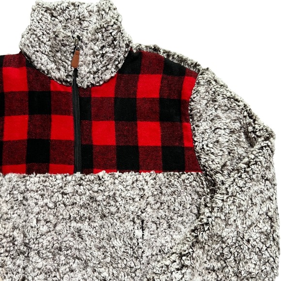 Sherpa Pullover Womens Medium Buffalo Plaid Quarter Zip Fleece Sweatshirt - Picture 1 of 9
